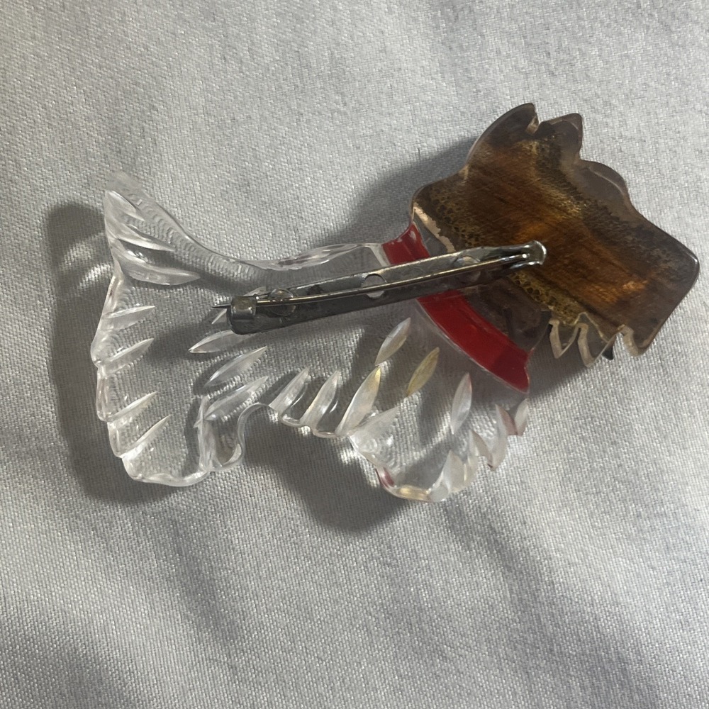 Vintage Mid Century Carved Lucite and Wood Scottie Dog Brooch Pin 1940's - Picture 5 of 11
